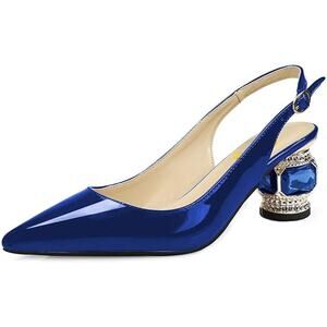 Pointed Toe Slingback Wedding Pumps, Low Heel Rhinestone Crystal, Blue, Size 10